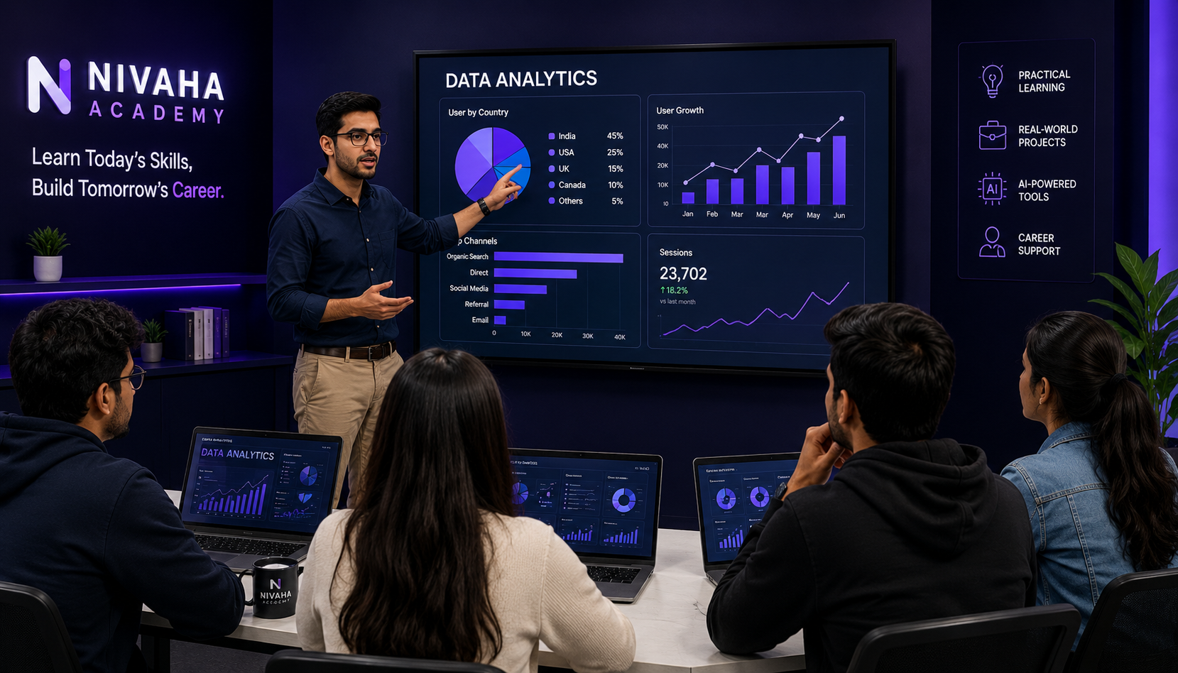 Trainer teaching data analytics to students